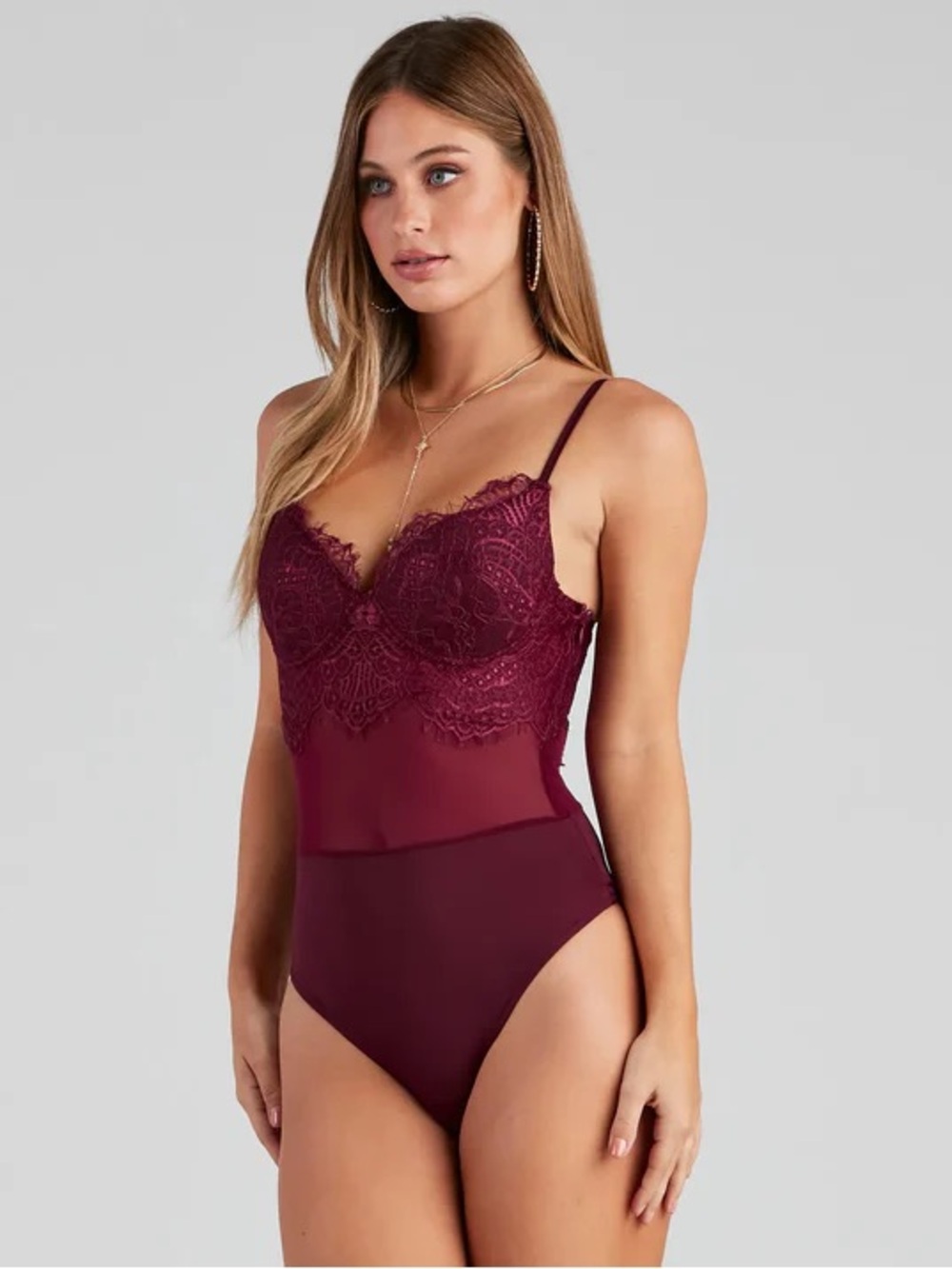 Windsor Lace Pretty Bustier Bodysuit Maroon Sheer Mesh Lingerie SIZE S
